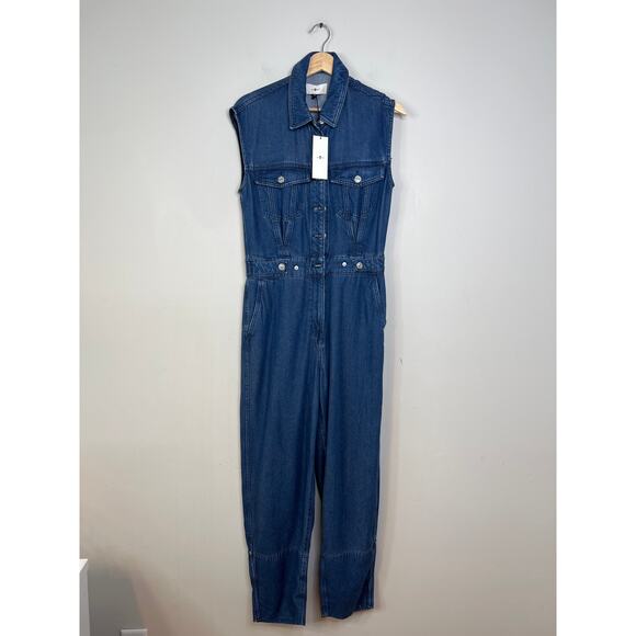 NWT 7 For All Mankind Denim Lustre Sleeveless Balloon Jumpsuit Dark Indigo Blue - Picture 2 of 8